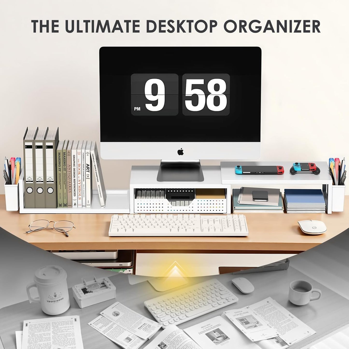 OPNICE Desk Organizers and Accessories, Dual Monitor Stand Riser with Drawer and 2 Pen Holders, Desk Shelf Wood Computer Racks for Office Workspace Organizers, Desktop Organization (Rustic Brown)