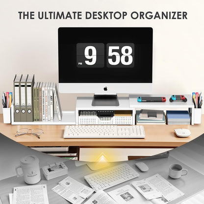 OPNICE Desk Organizers and Accessories, Dual Monitor Stand Riser with Drawer and 2 Pen Holders, Desk Shelf Wood Computer Racks for Office Workspace Organizers, Desktop Organization (Rustic Brown)