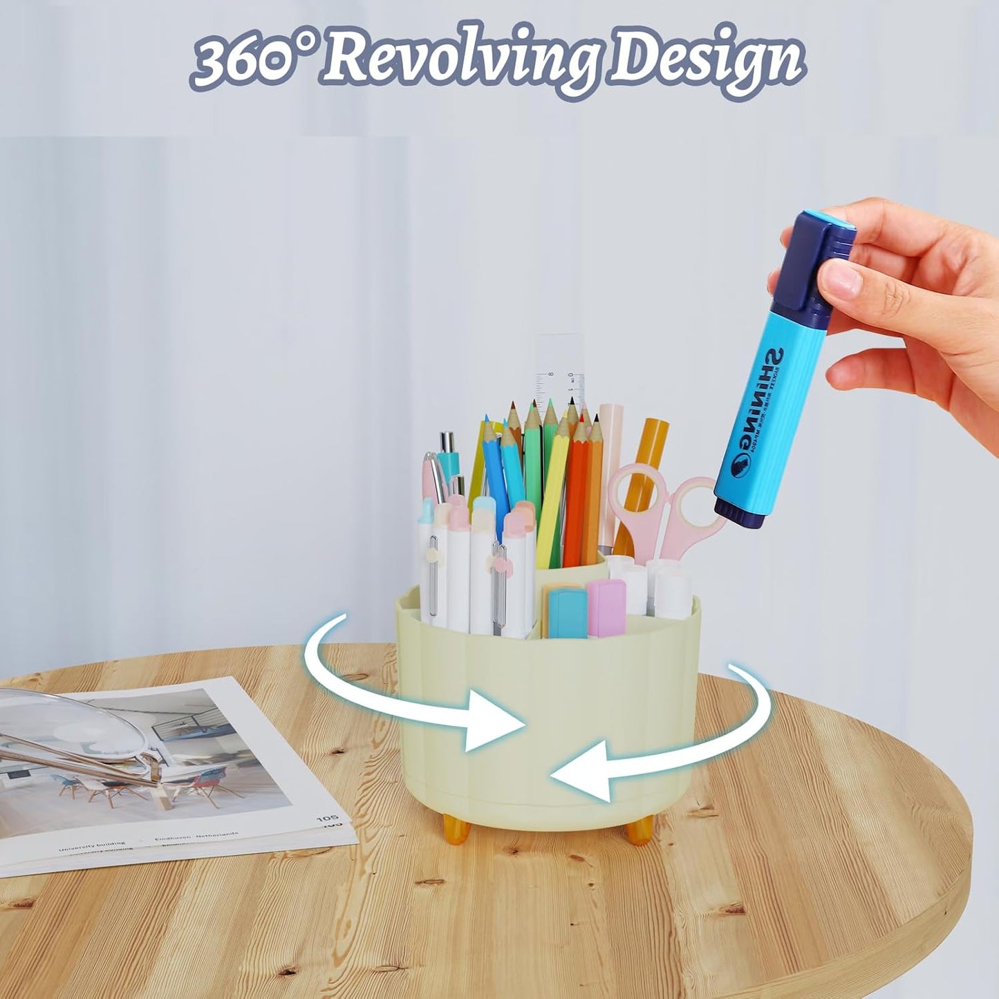 360 Rotating Pencil Pen Holder for Desk, White Pen Organizer with 6 Slots, Cute Office Supplies, Desk Accessories for Office, School, Home