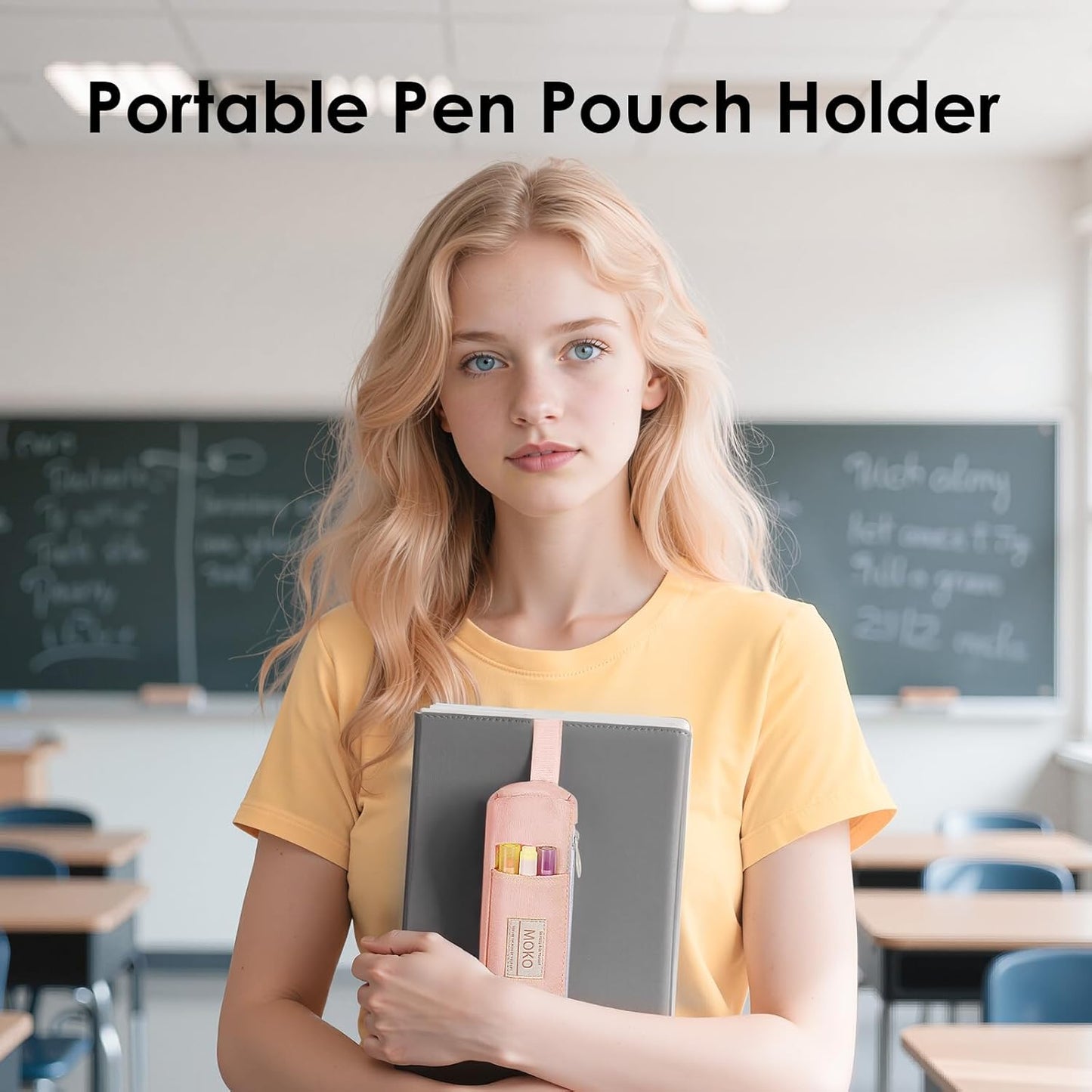 MoKo Pen Holder for Notebook, Pencil Pouch with Adjustable Elastic Band, Slim Portable Zipper Pen Pouch Holder for Planners, Journals, Book, Pink