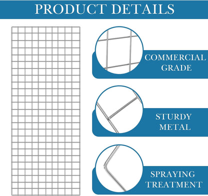 Hicarer 6 Pcs Commercial Grade Gridwall Panels for Display, Heavy Duty Wire Grid wall Display Rack Metal wall Mount Grid with 60 White Hooks for Retail Display Home Storage Vendor Events(2 x 4 ft)