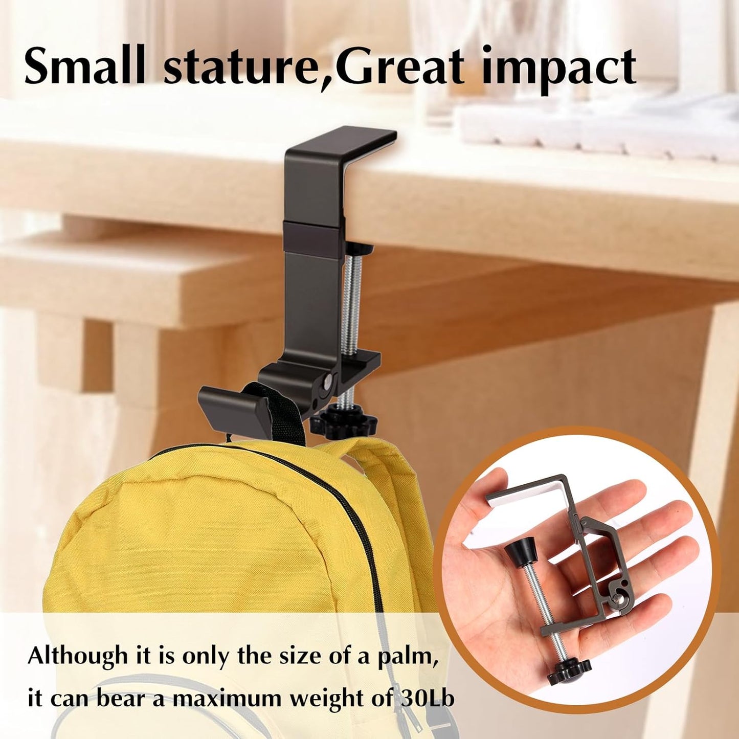 Desk Bag Hook - Bag Hanger for Table with Adjustable Arm Clamp - Aluminum Under Desk Handbag Hanger - Clamp Hook for Purse, Bag, Headphone,Fold/Black,2 pcs (White)