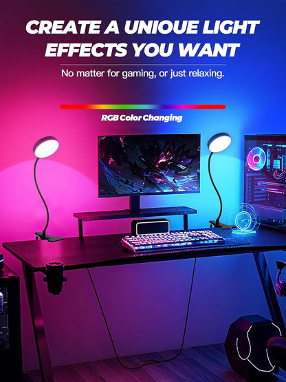 Clip on Light,10 RGB Colors+10 Brightness Clip on Desk Lamp with Clamp, 500 Lumen Bright 72 LED Desk Light, USB Adapter Reading Lights for Books in Bed/Headboard/Bedside Table/Bedroom/Dorm/Home Office