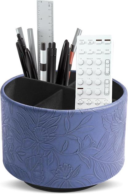 Round Leather Art Supply Organizer,Remote Control Holder,360 Degree Rotating,Multi-Functional Pencil Holder,4 Compartments Desktop Stationary Organizer(1-Fractal Flower) | Round - Colors A