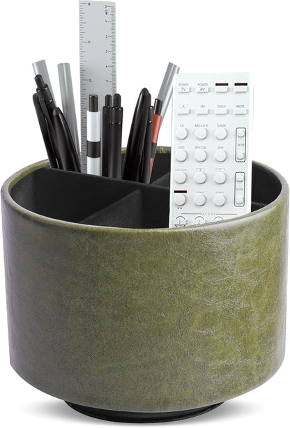 Round Leather Art Supply Organizer,Remote Control Holder,360 Degree Rotating,Multi-Functional Pencil Holder,4 Compartments Desktop Stationary Organizer(1-Fractal Flower) | Round - Colors A