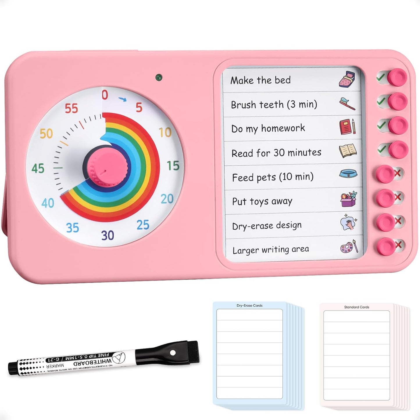 2-in-1 Visual Timer with Task Board for ADHD & Autism, Dry Erase Chore Chart and Visual Schedule for Kids & Adults, Rainbow Countdown Timer for Classroom, Home, Homeschool (White)