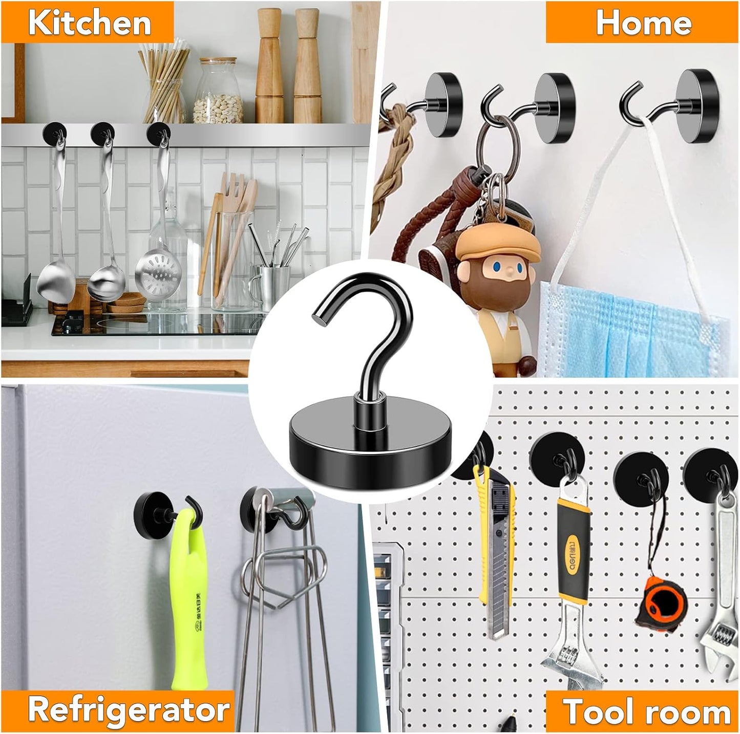 MIKEDE Black Magnetic Hooks 85Lbs Heavy Duty Earth Magnets with Hooks for Cruise Cabin Strong Magnet Hooks for Hanging Super Metal Magnetic Hanger for Grill Fridge Kitchen - Pack of 10