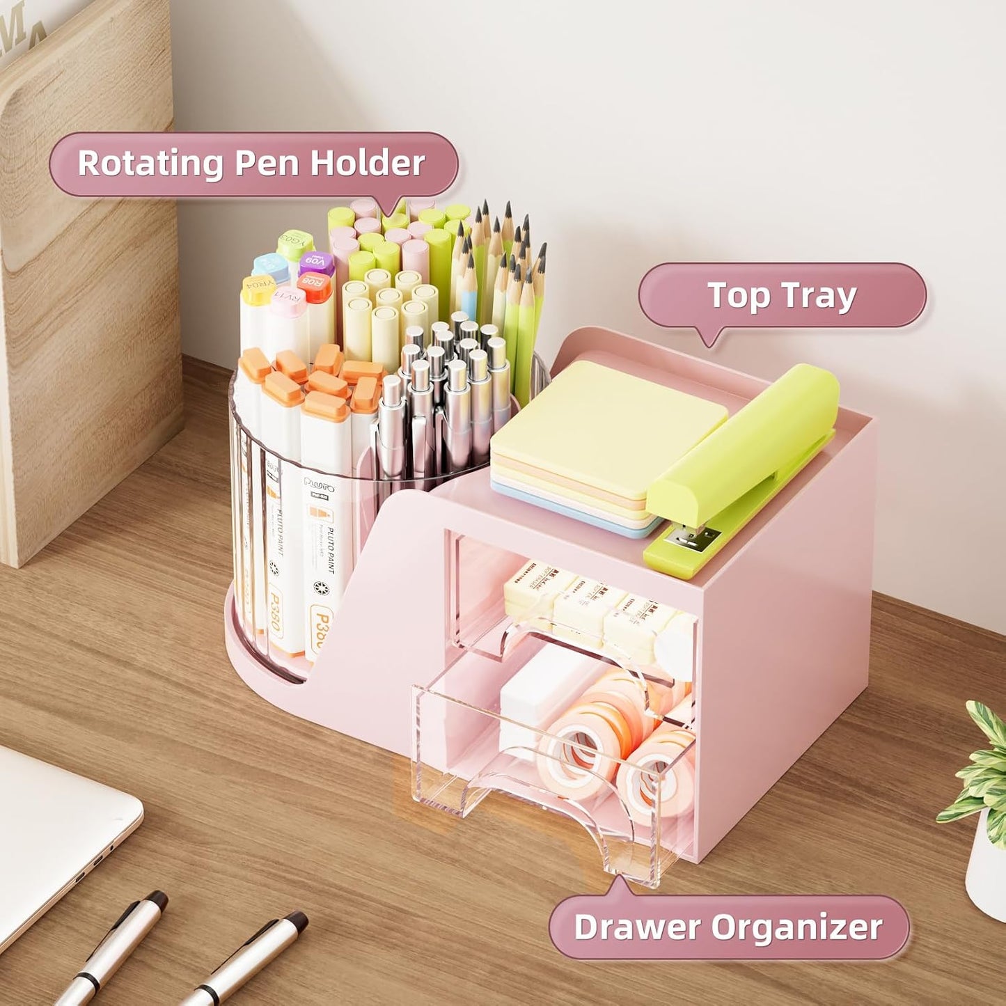 Marbrasse Desk Organizer with 2 Drawer, 360°Rotating Pen Holder, Desk Organizers and Accessories with 6 Slots Pencil Holder + 2 Drawer, Art Supply Storage Box Caddy for Office (Black)