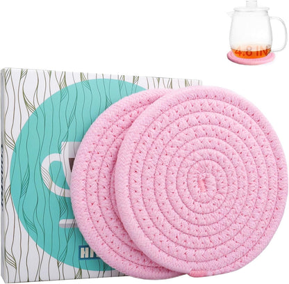 4.8" Drink Cotton Coasters Set of 2 – Boho Woven Drink Pads for Coffee & Tea, Neutral Sandstone Blend Fabric Cup Mats for Desk, Table, Nightstand, Dorm, Giftable Absorbent Coaster Set (Latte)