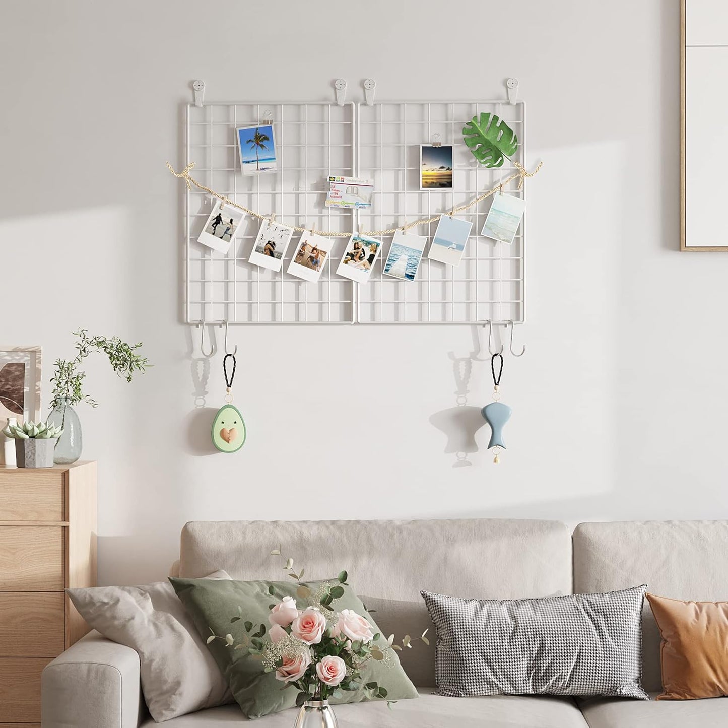 C&AHOME Photo Wall Display Set of 2, Grid Panel with Hooks, Clips, Hemp Cord, Hammer - 15.7" x 11.8", White UWWGM3402W