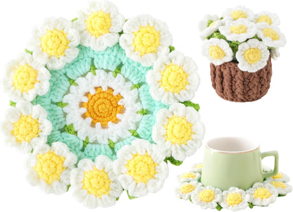 Flower Crochet Coasters, Handmade Bouquet Blanket Coaster with Crochet Plant Pot Fun Soft Decorative Drink Coasters for Coffee Tabletop Protection and Home Decor (Pink, 1Pc)