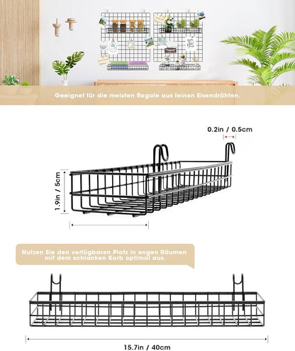ANZOME 2 Pack 15.7 Inch Extra-Wide Hanging Wall Baskets, Sturdy Black Metal Wire Storage Basket, Fits Grid Panels with 1-2 Inch Spacing (Panel Not Included), Garage Craft Kitchen Pantry Wall Organizer
