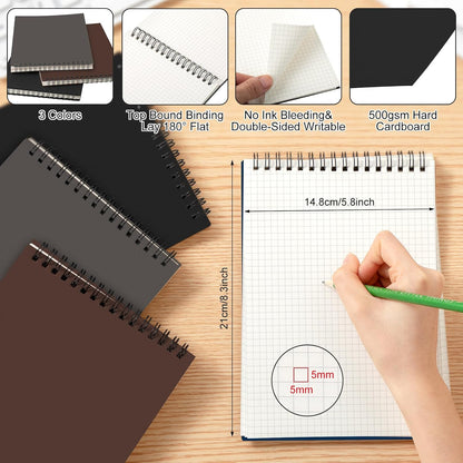Engrowtic 6 Pack Graph Paper Spiral Notepad A5 Top Wirebound Notepad Grid Notebook Steno Pad Memo Notebook Grid Paper 140 Pages for Writing Sketching Drawing Office Supply (Black)