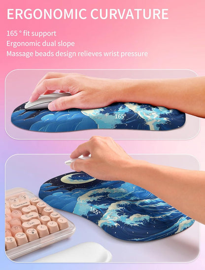 Hokafenle 2in1 Combination, Wave Keyboard Wrist Rest and Ergonomic Curvature Mouse Pad Wrist Support for Relieve Wrist Pain, Filled with Soft Cushion Memory Foam, Black