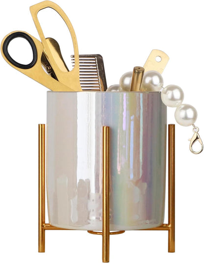 Gold Pencil Cup Sturdy Metal Frame With White Ceramic Pen Holder For Desks and kitchen Appliance Holders