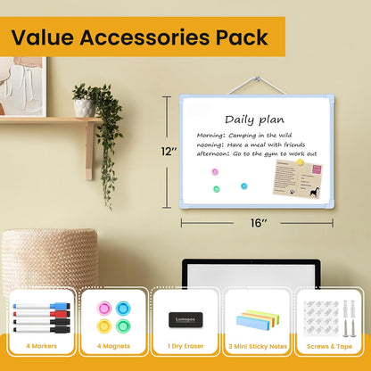 Small Dry Erase Board for Wall, 16" x 12" Double-Sided Hanging Whiteboard, Magnetic White Board with 4 Markers, 4 Magnets and 3 Mini Sticky Notes, Portable Whiteboard for Kids, School, Home, Office