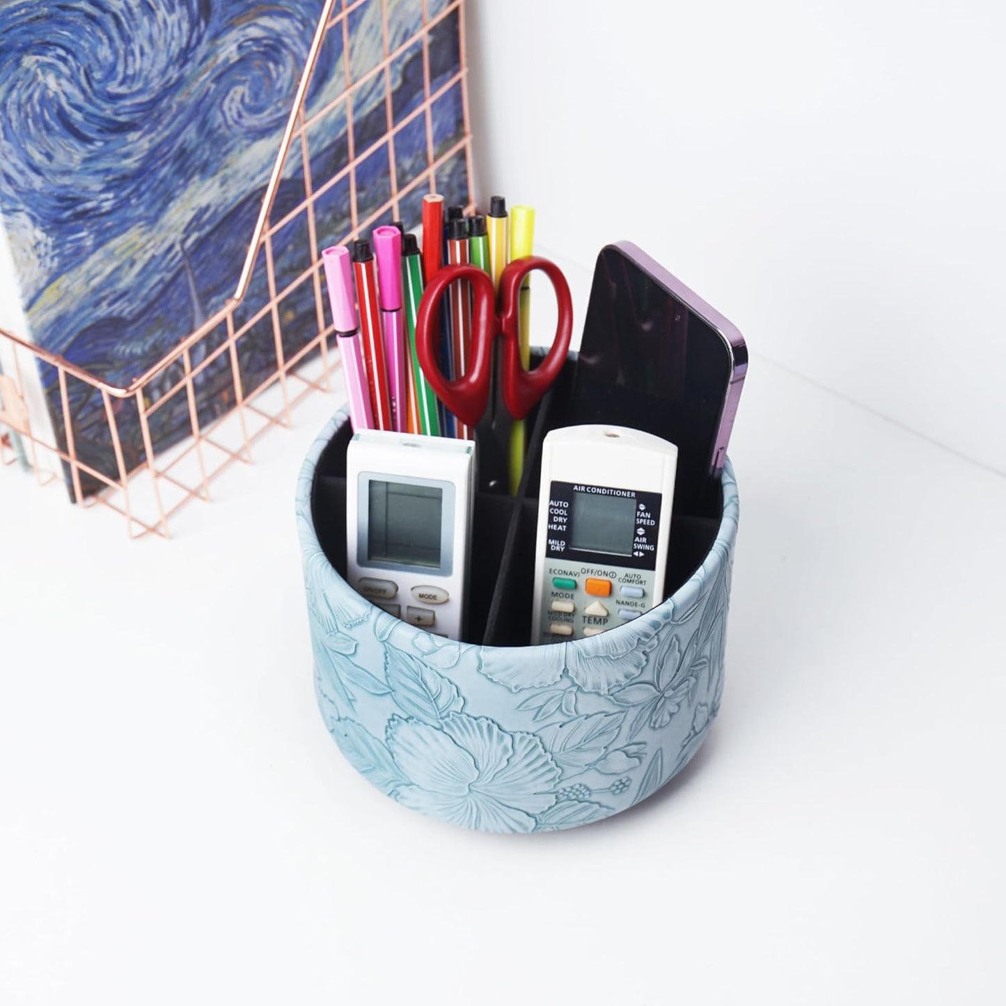 Round Leather Art Supply Organizer,Remote Control Holder,360 Degree Rotating,Multi-Functional Pencil Holder,4 Compartments Desktop Stationary Organizer(1-Fractal Flower) | Round - Colors B