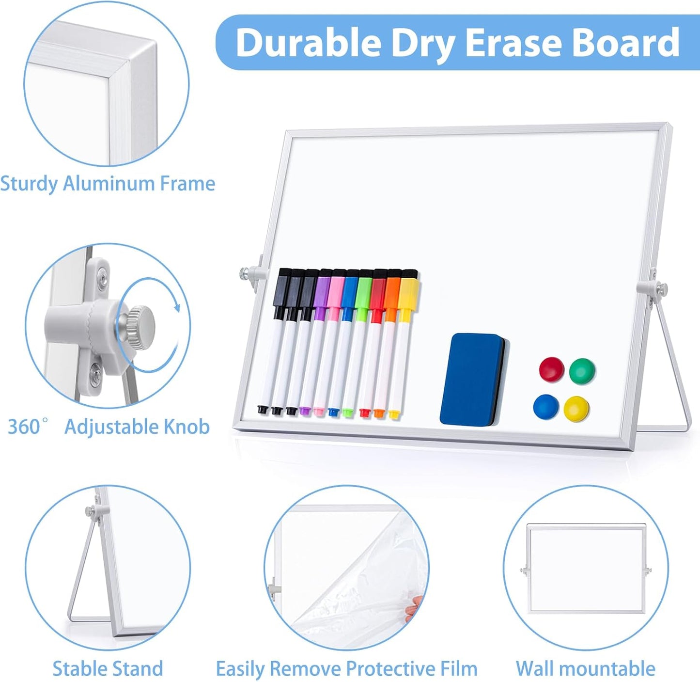ARCOBIS Small WhiteBoard with Stand 10" X 10", Magnetic Double-Sided Dry Erase White Board Easel for Desk Students Home Office