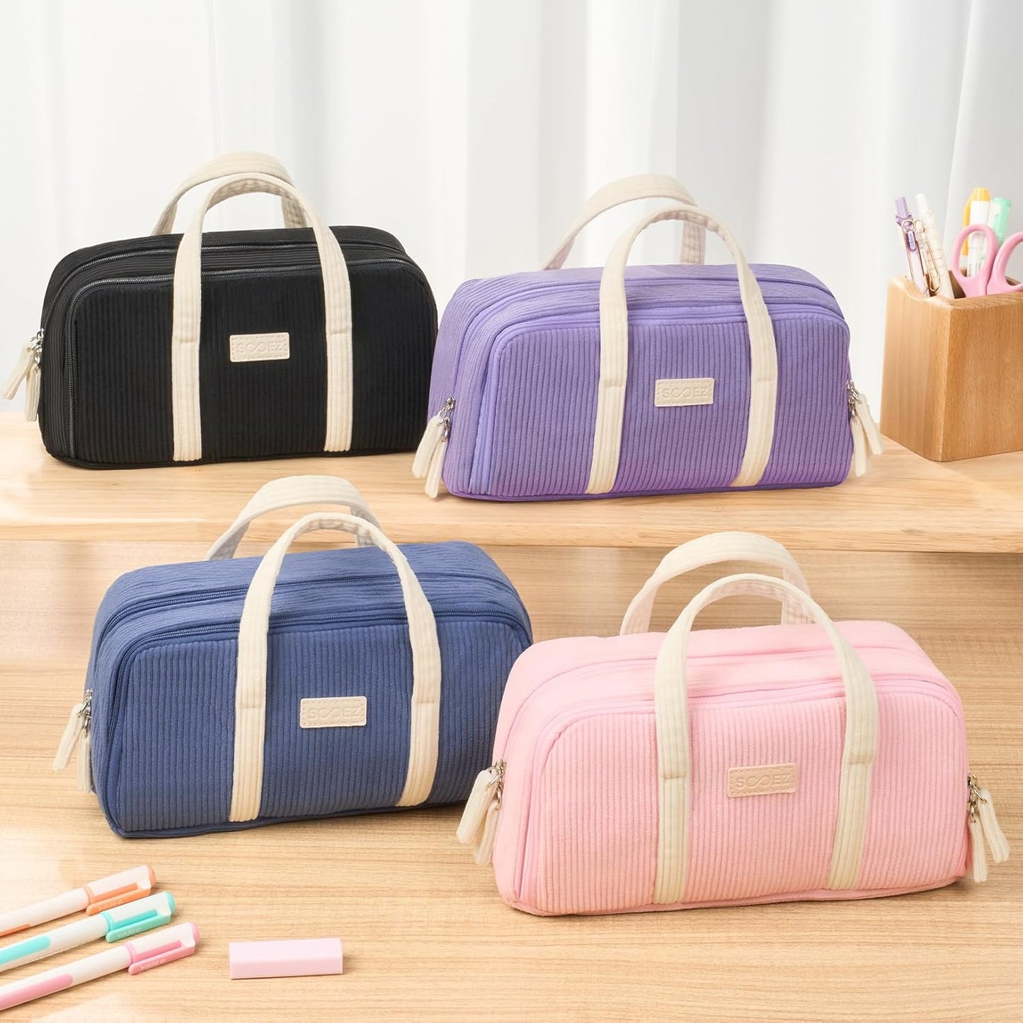 Sooez Large Pencil Case Pouch, Extra Big Pencil Bag with 5 Compartments, Pen Bag Wide Opening, Soft Corduroy Pencil Pouch Organizer with Zipper, Cute Aesthetic School Supplies for Teen Girls-Purple