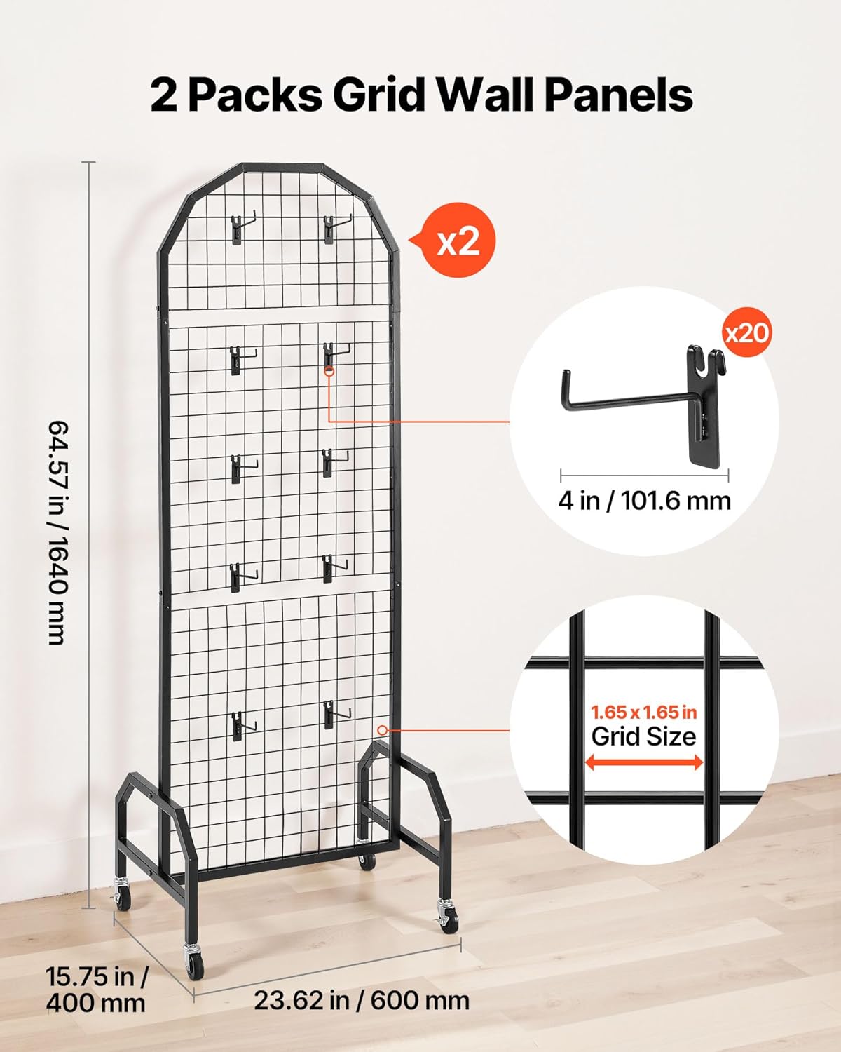 VEVOR 2 Packs Grid Wall Panels, 1.9 x 5.4 ft Wire Grid Panels Display Rack, Movable Art Display Shelf with Wheels and 20 Hooks, Black Carbon Steel Gridwall for Craft Show, Decor, Storage, Notice Board