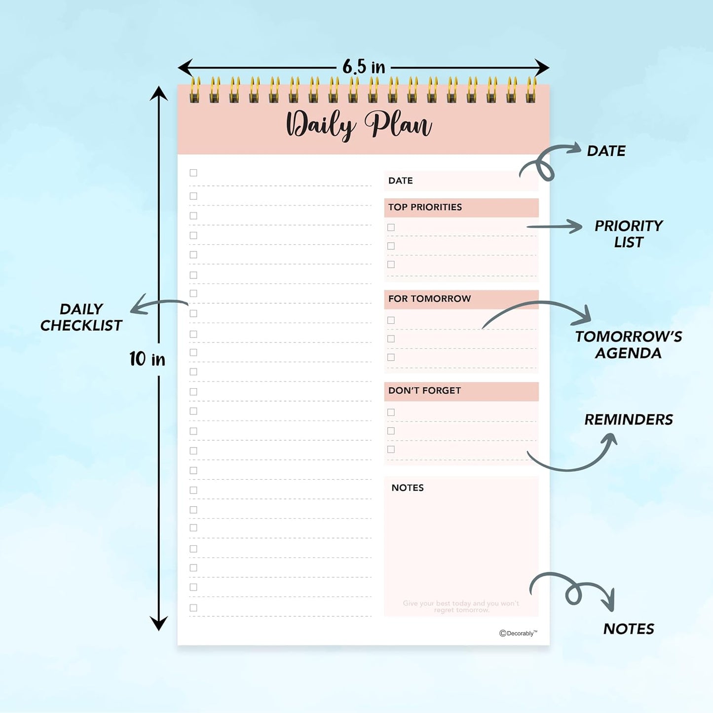 Decorably 52 Sheets Nude Pink Undated Daily to Do List Notepad, 6.5x10in Spring-Bound Easy Tear-Off Design, with Priorities, Checklist, Agenda, Reminders, Notes - Home, School, Office