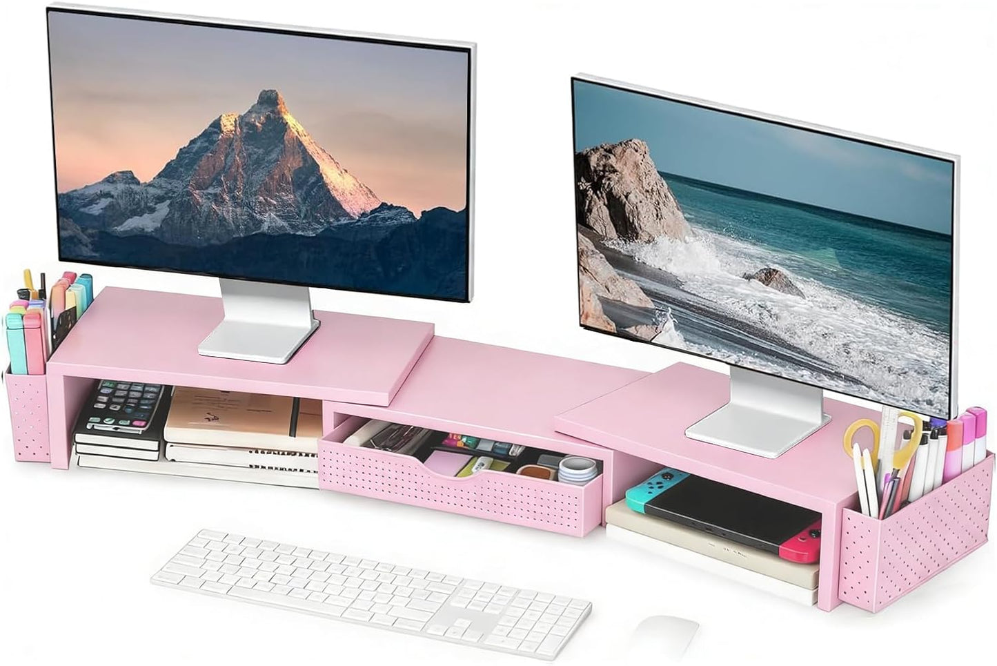 Spacrea Metal Desk Organizers and Accessories, Dual Monitor Stand Riser with Drawer and 2 Pen Holders, Desk Accessories & Workspace Desktop Organizers for Office Supplies (Wood)
