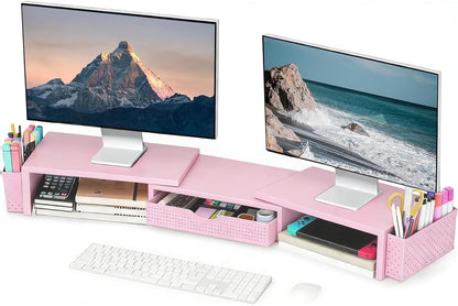 Spacrea Metal Desk Organizers and Accessories, Dual Monitor Stand Riser with Drawer and 2 Pen Holders, Desk Accessories & Workspace Desktop Organizers for Office Supplies (Wood)