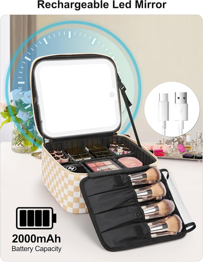 Relavel Travel Makeup Bag With LED Mirror, Cosmetic Train Case with Light up Mirror, Portable Makeup Artist Organizer Bag with Adjustable Dividers, Makeup Brush Holder Storage, Black