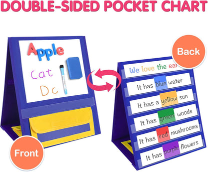 Magnetic Desktop Tabletop Pocket Chart Stand, Double Sided Small Pocket Chart for Classroom Home (15" X 12.5")