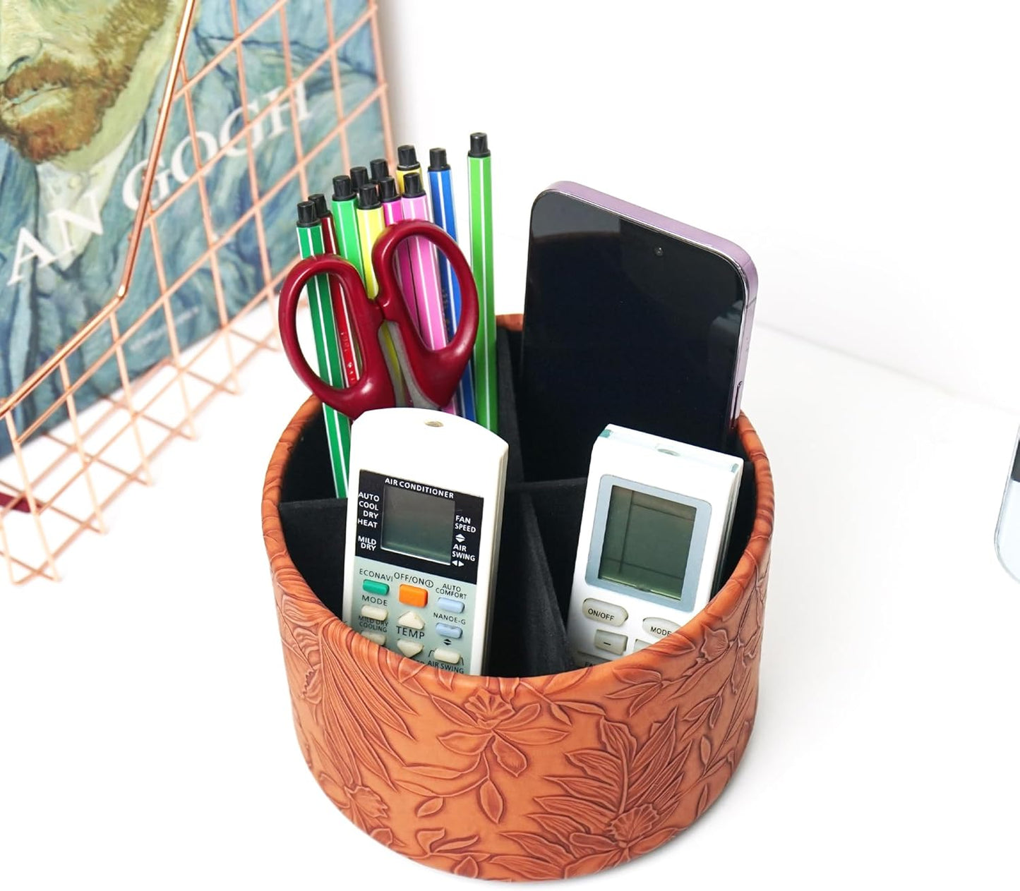 Round Leather Art Supply Organizer,Remote Control Holder,360 Degree Rotating,Multi-Functional Pencil Holder,4 Compartments Desktop Stationary Organizer(1-Fractal Flower) | Round - Colors C