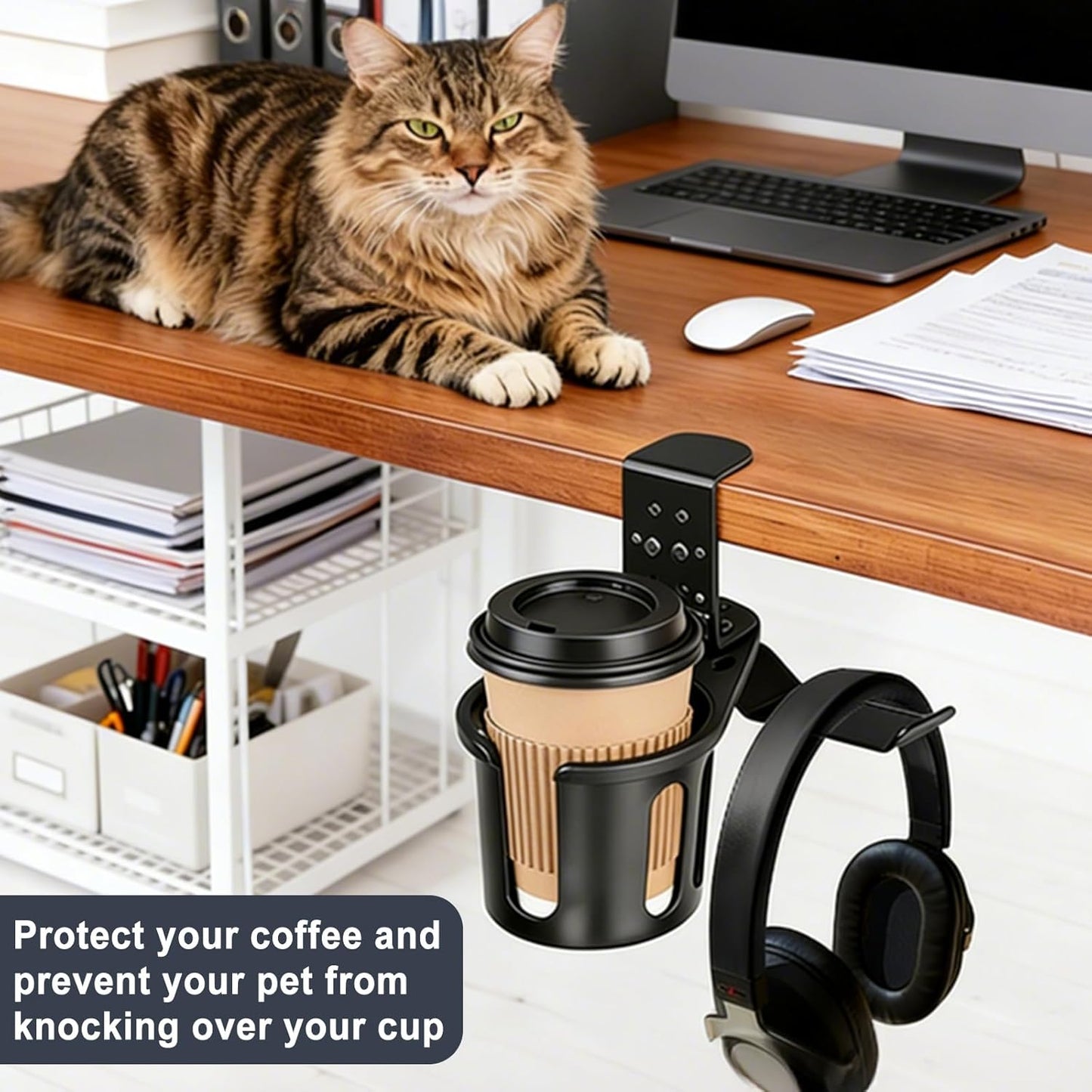 MYITYARD Desk Cup Holder Clamp, Anti-Spill Clip On Table Cup Holder, Rotatable Water Bottle Stand Drink Coffee Mug Storage, Office Accessories for Home and School (Black)