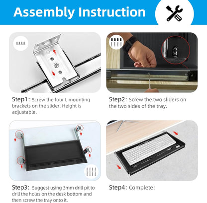TOOCUST Under Desk Keyboard Tray, 20" Wx11"D Sturdy Key Board Tray Under Desk Slide with Pen Tray, Desk Extender with Pen Holder,Black