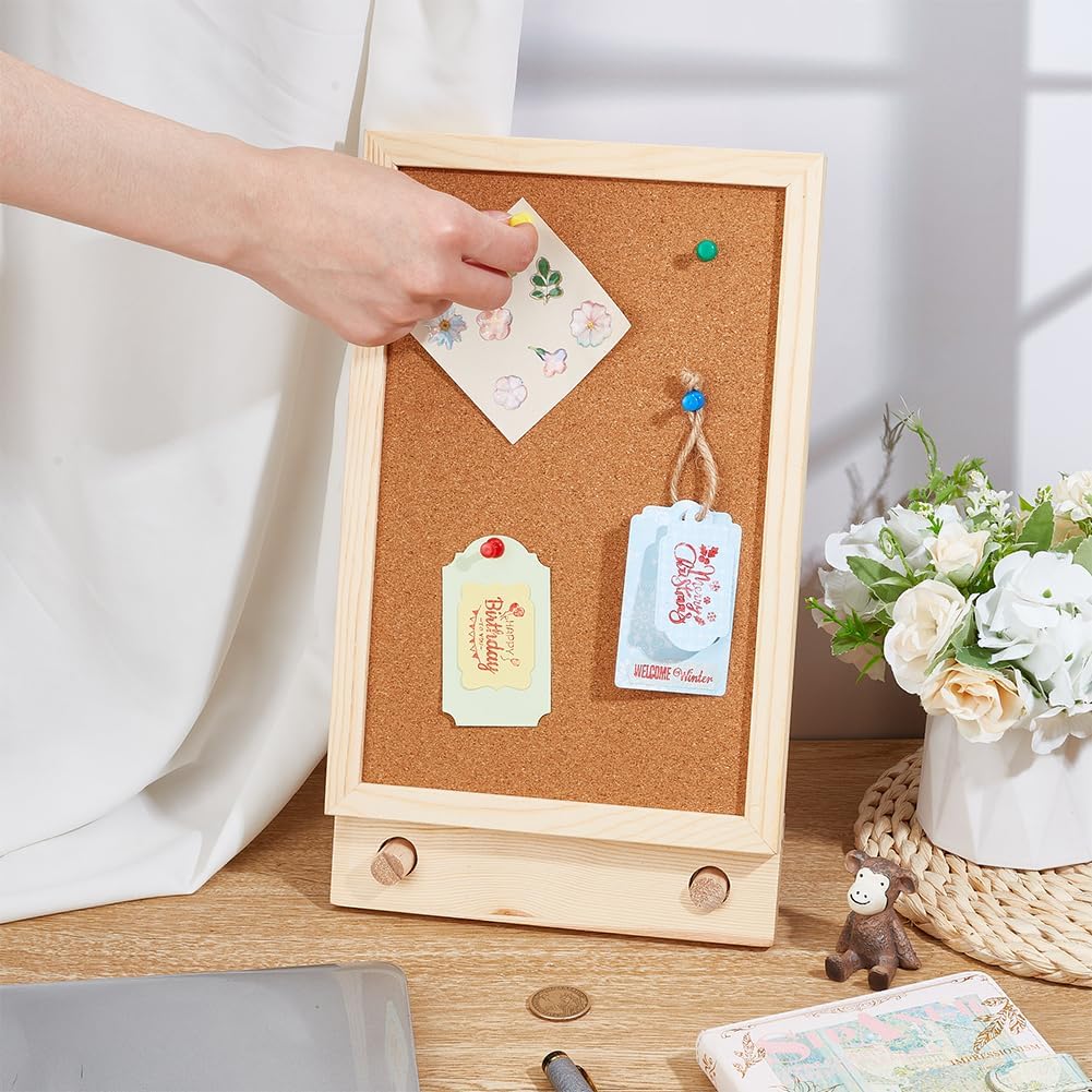OLYCRAFT Desktop Cork Board with Hemp Rope 2Pcs Wood Sticks 2Pcs Screw Pins and 6Pcs Thumbtacks Cork Bulletin Board Message Picture Board for Home Office Decor DIY Crafts-13.5x7.9x1.2 Inch