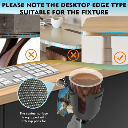 Desk Cup Holder with Headphone Hanger, Clip on Cup Holders for Desks with Spill-Proof Cup Design, Easy to Install, Enough to Hold 8-28OZ Coffee Cups, Water Bottles. (Black, Medium)