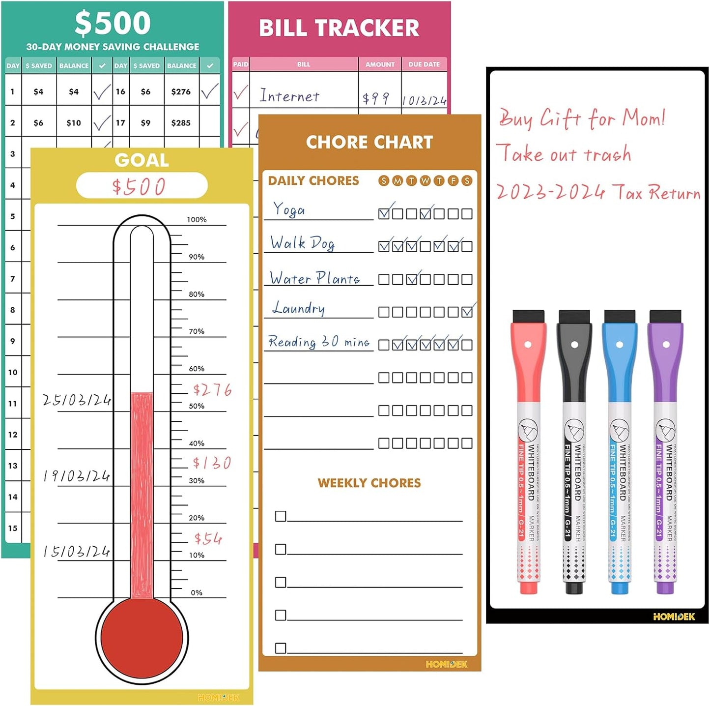 HOMiDEK Dry Erase Whiteboard for Fridge - Magnetic White Board for Refrigerator - 2 Sheets of Weekly Calenders, Monthly Habit Tracker, Memo Pad, to Do List and 4 Markers - 4" x 10"