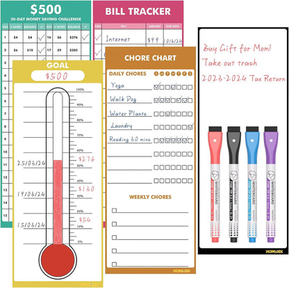 HOMiDEK Dry Erase Whiteboard for Fridge - Magnetic White Board for Refrigerator - 2 Sheets of Weekly Calenders, Monthly Habit Tracker, Memo Pad, to Do List and 4 Markers - 4" x 10"