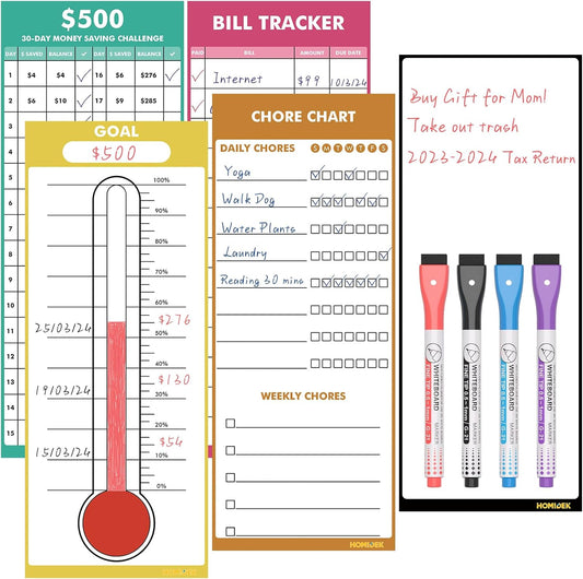 HOMiDEK Dry Erase Whiteboard for Fridge - Magnetic White Board for Refrigerator - 2 Sheets of Weekly Calenders, Monthly Habit Tracker, Memo Pad, to Do List and 4 Markers - 4" x 10"