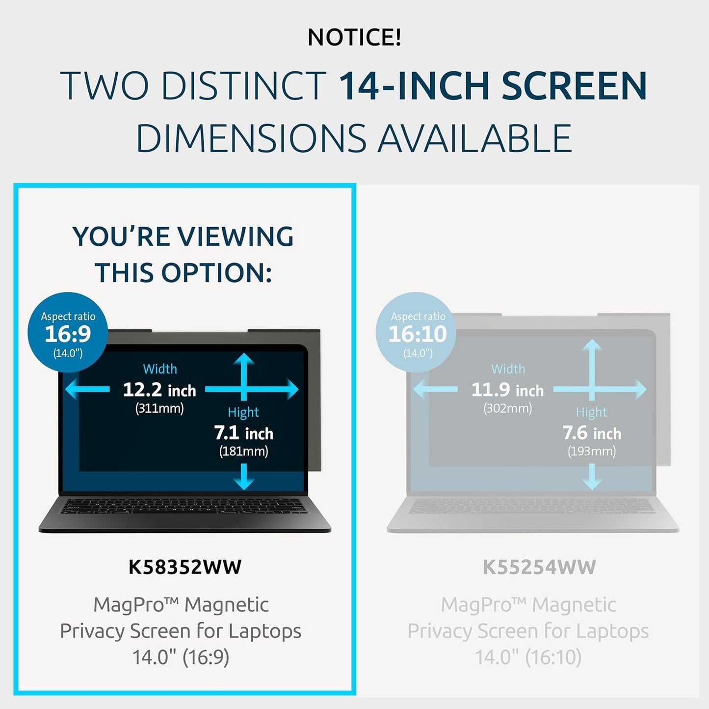 Kensington MagPro™ Magnetic Laptop Privacy Screen 14 inch, Removable 16:9 Laptop Privacy Filter, Anti-Glare, Blue Ray Reduction, Dell Latitude 5420, HP Elitebook 840 G6-G8, Lenovo, Asus (K58352WW)