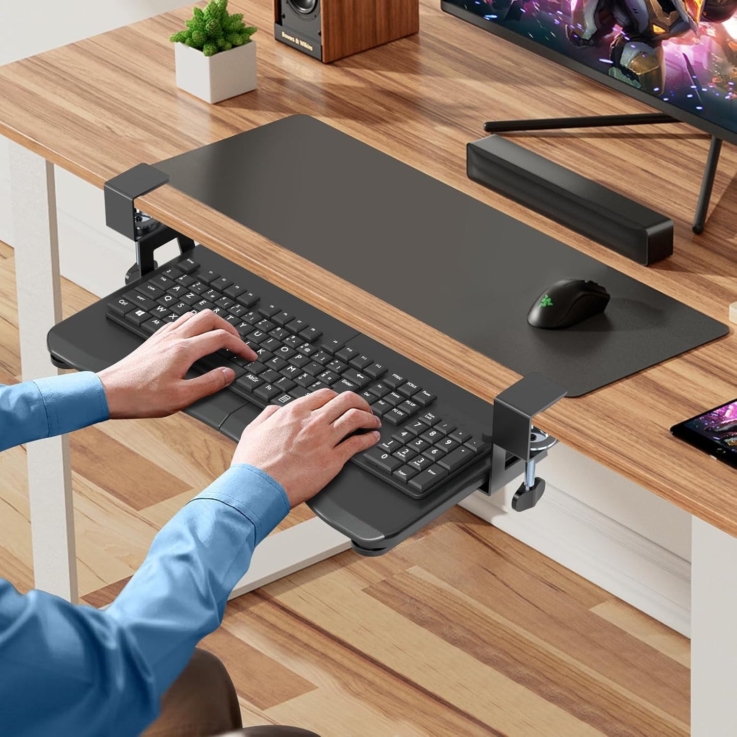 suptek Keyboard Tray Under Desk Pull Out with C Clamp Mount, Computer Keyboard & Mouse Tray, 25.6 (30 Including Clamps) x 11.8 inch Slide-Out Platform Computer Drawer for Typing, Black, DSF1