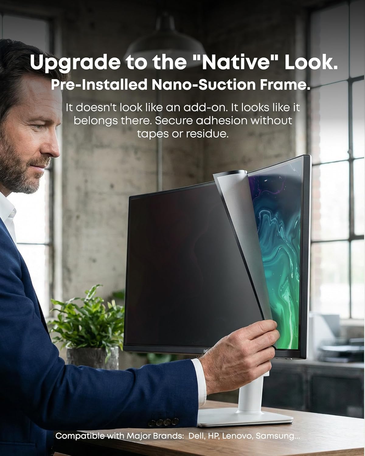 2-Pack 27 Inch Computer Privacy Screen Filter (23.9" × 13.5") for 16:9 Curved & Flat Monitors – Nano-Suction Bezel (Tape-Free Instant Install) – Anti-Glare, Blue Light Blocking, Washable