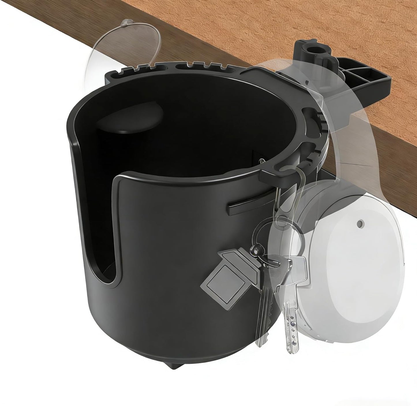 Desk Cup Holder with Spill-Proof Cup Design, Clip on Cup Holders for Desk, Table, Porch Swing, Patio Chair , Fits Maximum Diameter of 3/3.38 inches Bottles. (Black, Large)