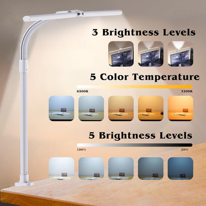 AKRRYR LED Desk Lamp for Home Office, Double Head 24W with Base, Architect Light 5 Lighting Brightness Flexible Gooseneck Table Reading Study, Black