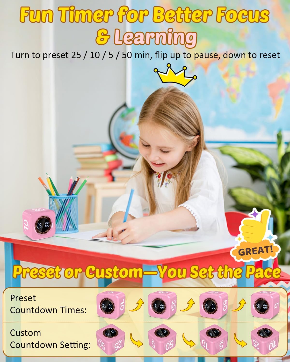 Digital Pomodoro Timer Cube 5/10/25/50min, Visual Productivity Flip Timer for Kids Classroom Desk, Custom Countdown, Silent and Sound Mode for ADHD Study Work Game Kitchen (Pink)