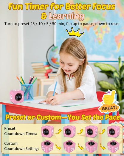 Digital Pomodoro Timer Cube 5/10/25/50min, Visual Productivity Flip Timer for Kids Classroom Desk, Custom Countdown, Silent and Sound Mode for ADHD Study Work Game Kitchen (Pink)