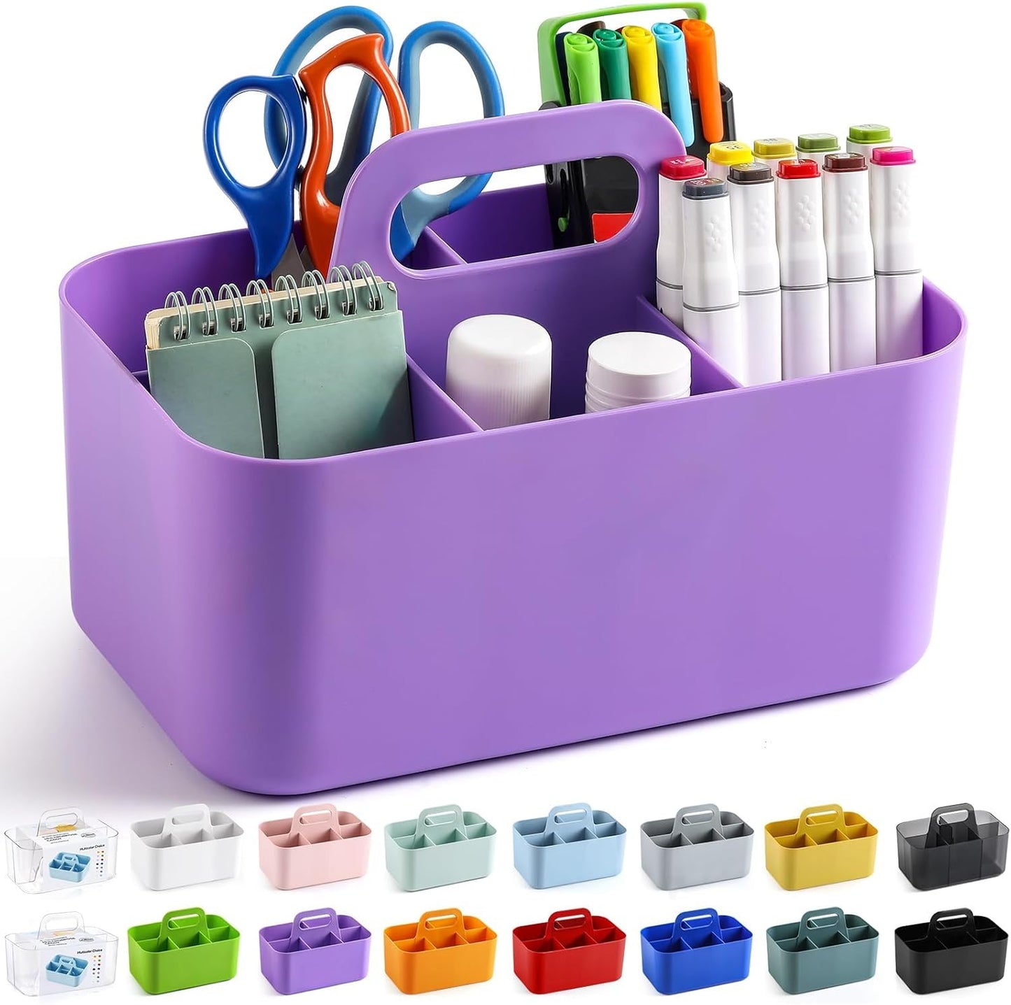 Multiuse Caddy Organizer with Handle, Portable Divided Plastic Tote Bin - Art Craft, Stationary Pen Marker Crayon, Makeup Hair Supplies Storage - Bathroom, Classroom, Dorm, Office, Desk Holder -Purple