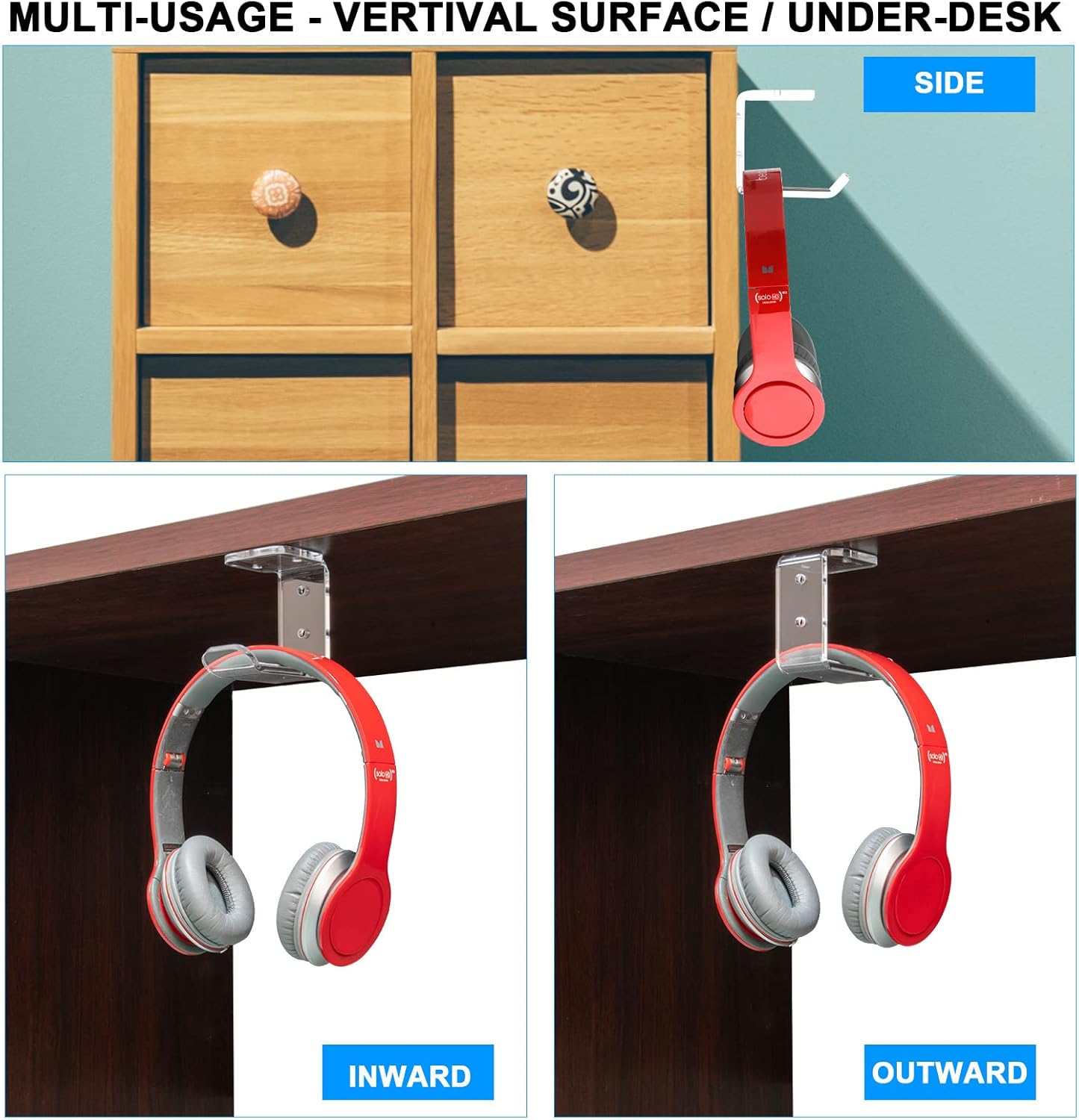 Cosmos 2 Pcs Headphone Hanger Mount Under-Desk Headset Hanger Hook Earphone Holder Wall Mount Hooks with Adhesive Tape & Screw Set Compatible with PC Gaming DJ Headset, Acrylic (Solid Black)