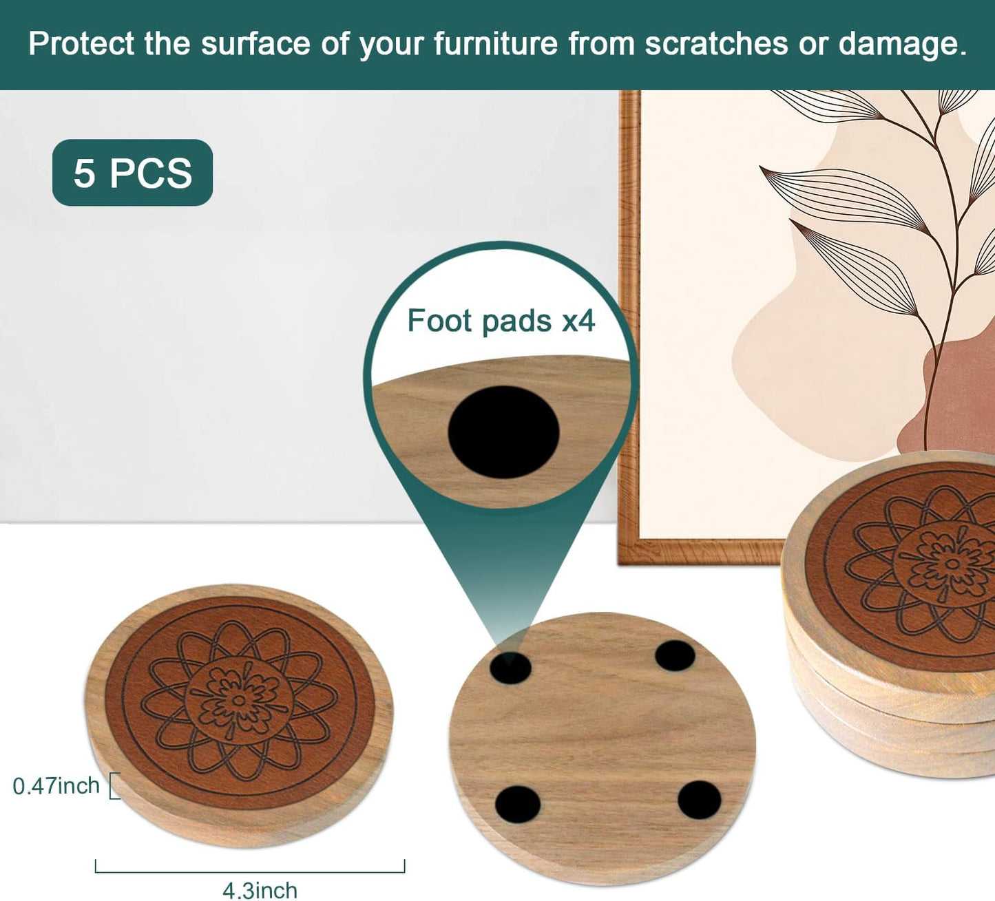 Wood Coasters for Drinks, Minacun Absorbent Coaster Sets of 5, Drinks Coasters for Coffee Tabletop Protection, Non-Slip, Non-Stick, Suitable for Kinds of Cups Wooden Table Drink, 4.3 Inches Black