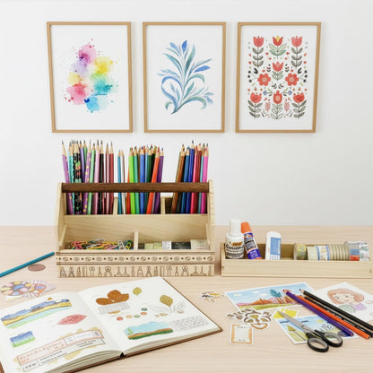 Ikee Design Small Natural Wood Color Wooden Craft Tool Box Caddy with a Handle for Storage Tool, Makeup, Collections with 5 Compartments for Storage and Organizing, 10 W x 5.1 D x 3.5 H in