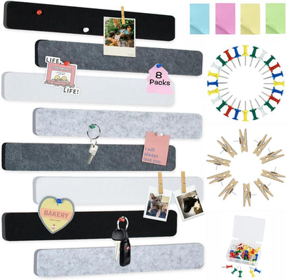 Vuzvuv 8 pcs Bulletin Board Bar Strips with 50 Pushpins & 10 Wooden Clip pins，Self Adhesive Cork Board for Wall，Felt Pin Board for School，Office Decor（Black White Grey）
