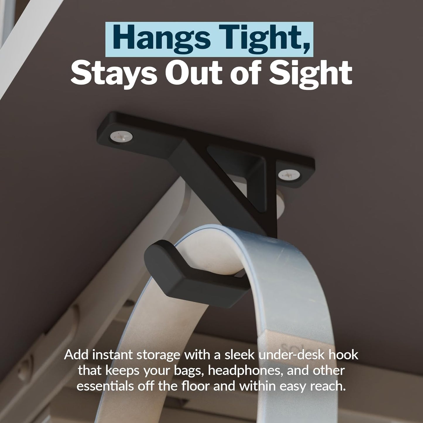 Vari VariDesk Undermount Desk Hook – Heavy-Duty Under Desk Hooks for Bags, Headphones & Accessories, Supports Up to 50 lbs Space-Saving Organizer (Set of 2)